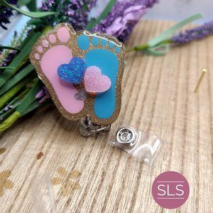 Baby Feet With Two Heart Glitter Badge Reel